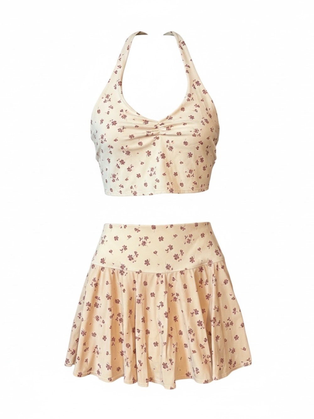 JoyLab Cream Floral Halter Crop Top & Ruffle Mini Skirt Set